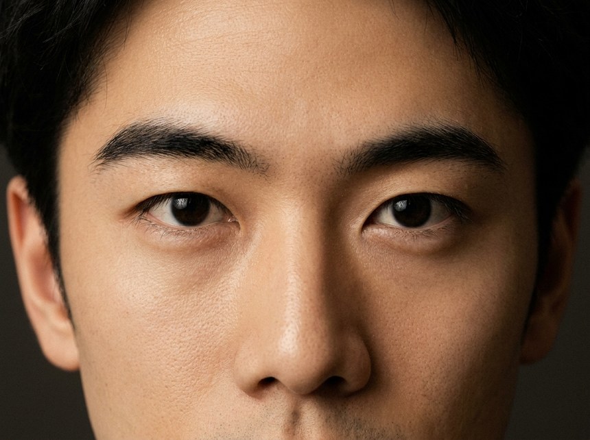 厚みを残して整えた、やや太めで男性的な眉の男性